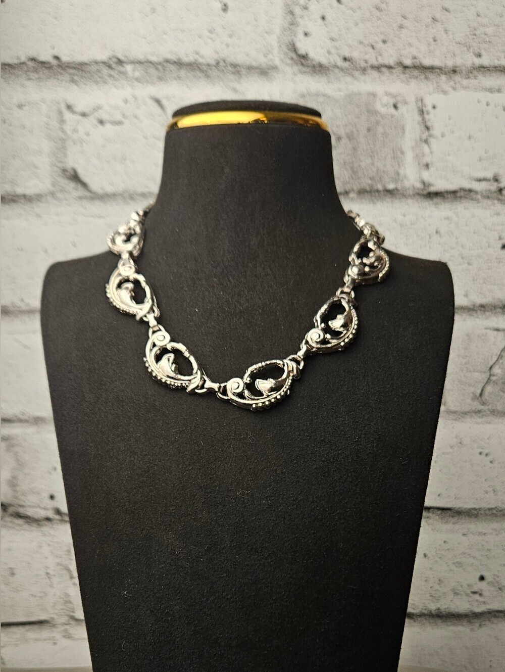 Silver Tone Dolphin Wave Link Necklace Nautical Coastal Statement Jewelry